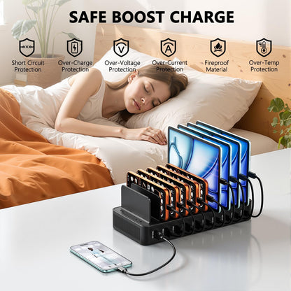 USB C Charging Station for Multiple Devices, 10-Port 100W Charging Dock, with Adjustable Dividers, USB-C Power Hub, Compatible with iPhone/Samsung/Google/Tablets/USB Devices (with 10 Cables)