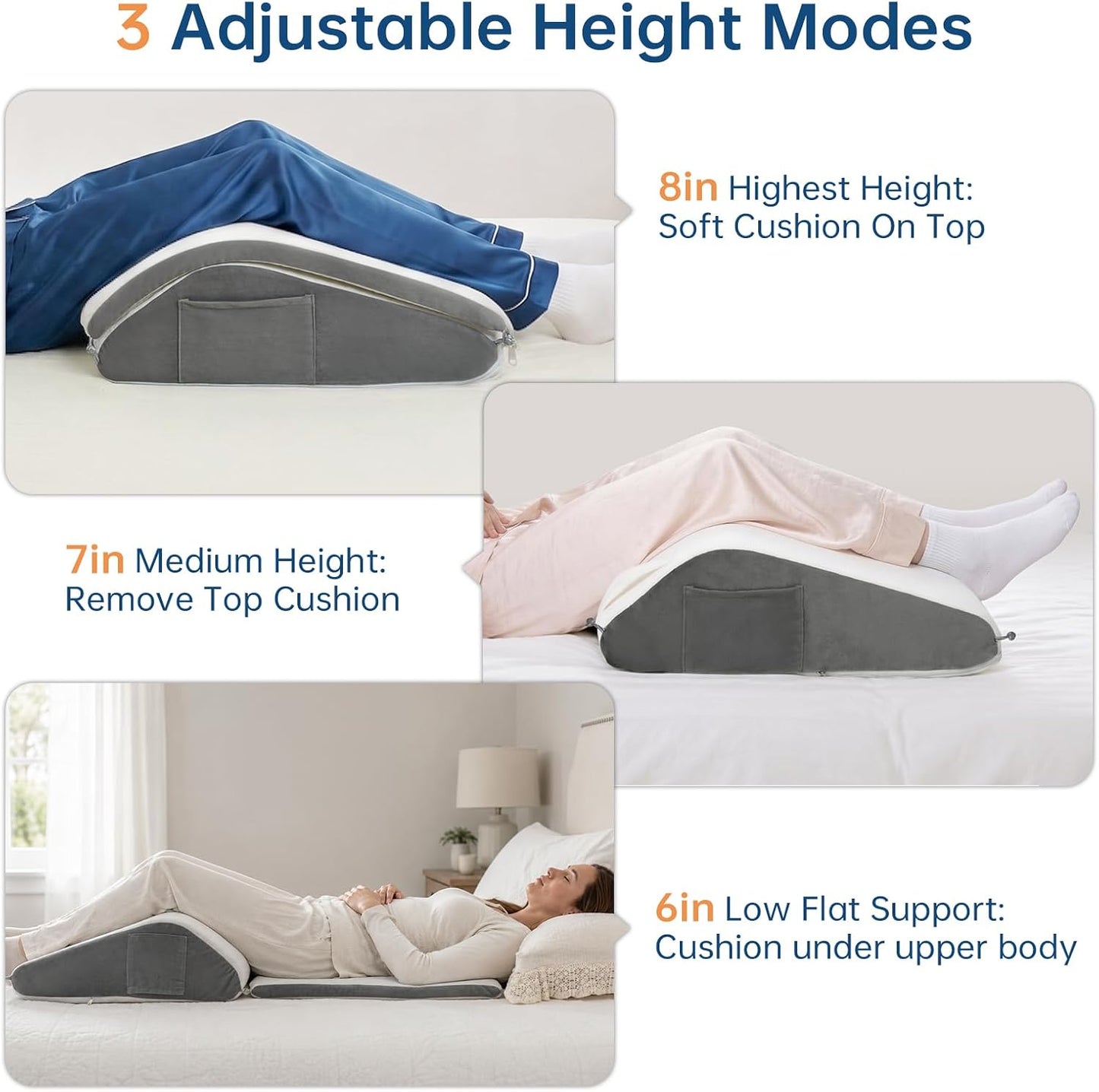 Vekkia 24" x 24" x 5.5" Bed Wedge Pillow for Sleeping – Triangle Pillow for Sleep Apnea, Acid Reflux, Snoring & Back Support, Post-Surgery Recovery, with Pockets & Washable Cover