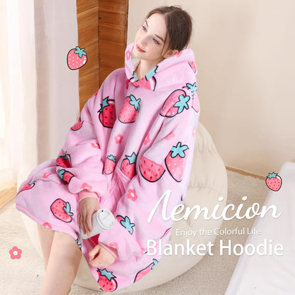 Aemicion Strawberry Blanket Hoodie,Oversized Sherpa Wearable Hooded Blanket,Warm Cozy Sweatshirt Gifts for Women Girls Adult