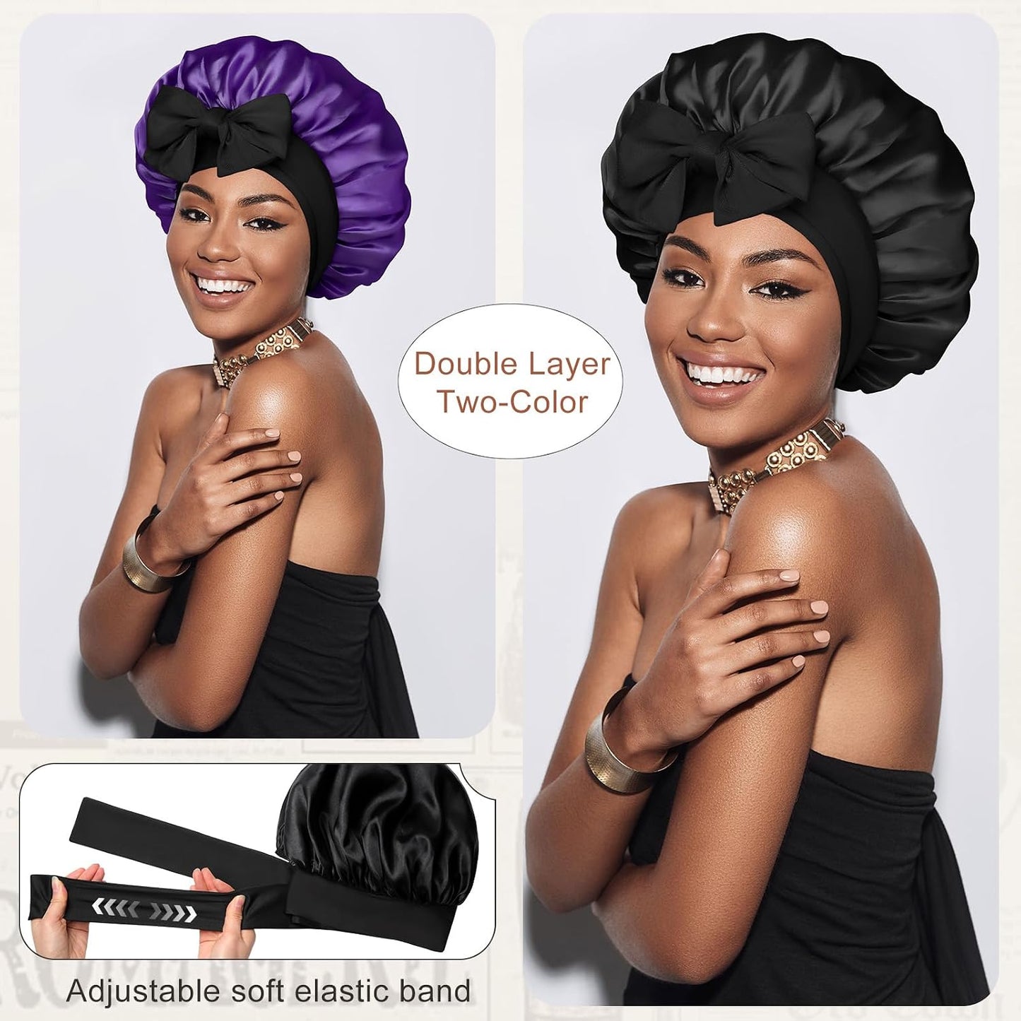 Satin Bonnet for Sleeping Cap Double Layer Hair Bonnet with Elastic Tie Band for Curly Hair Night Cap (Bean Paste + Pink)