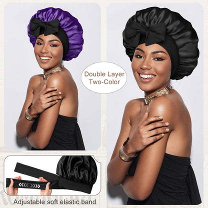 Satin Bonnet for Sleeping Cap Double Layer Hair Bonnet with Elastic Tie Band for Curly Hair Night Cap (Bean Paste + Pink)