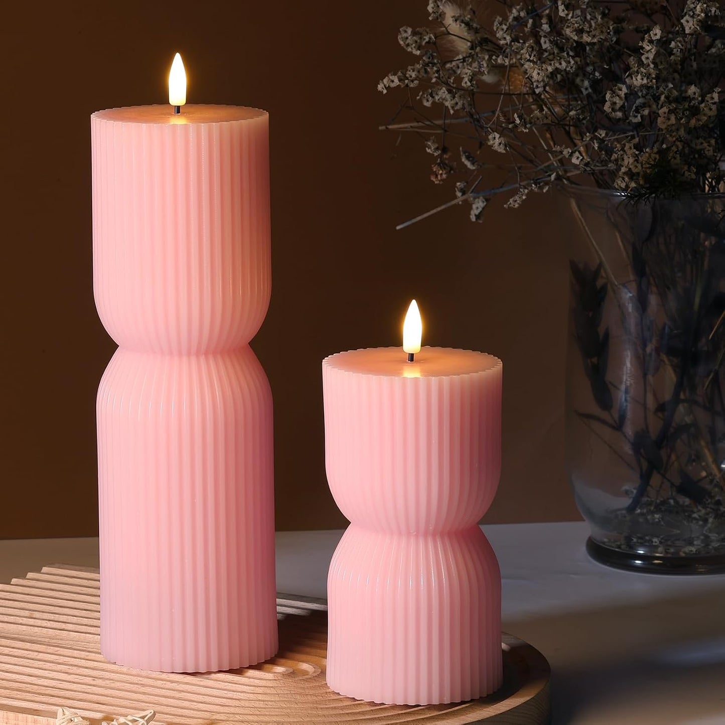 White Ribbed Flameless Pillar Candles with Remote, Real Wax Flickering Battery LED Candles Set of 2