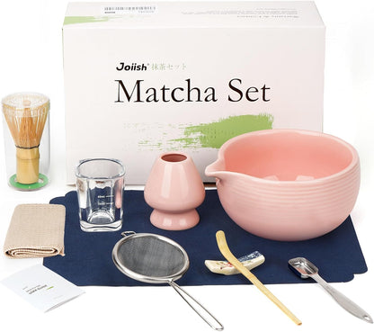 Joiish Matcha Whisk Set, Matcha Kit 10-Pcs, Bamboo Whisk and Ceramic Bowl with Spout & Measuring Spoon & Cup, Japanese Ceremony Matcha Tea Powder Making Tools, Light Green