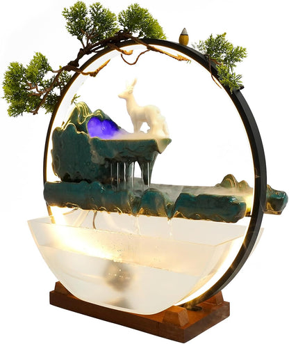Mini Artificial Bonsai Tree Waterfall Fog Feature Rock Tabletop Fountain | 11in Desktop Decor Waterfall Fountain W/ Water Pump& Atomizer&LED Lights &Fake Tree Office Bedroom Relax