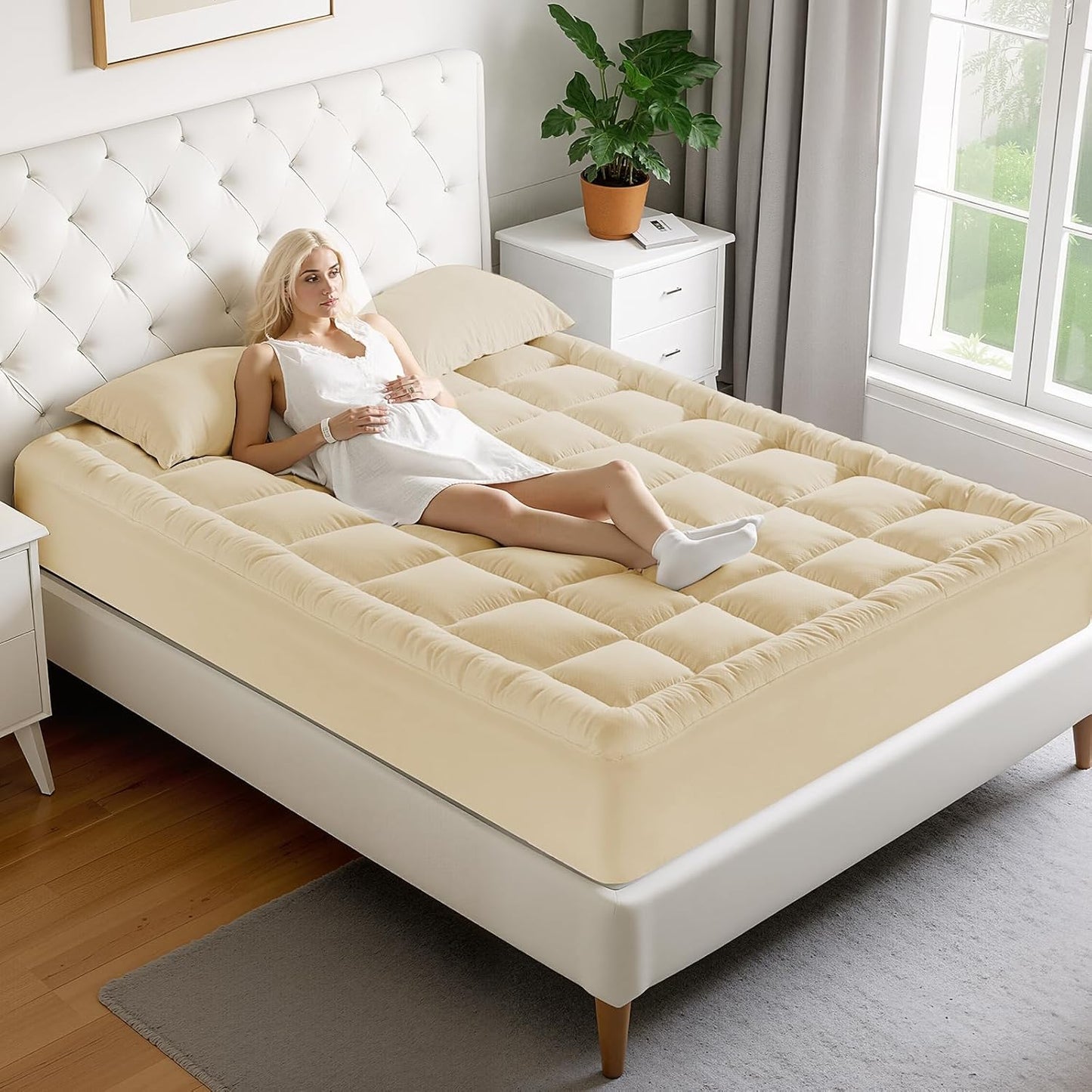MATBEBY Queen Size Mattress Pad - Cooling Breathable Mattress Topper, Quilted Fitted Mattress Protector, Pillow Top Mattress Cover with 8-21" Deep Pocket, Soft, Machine Washable, White, 60x80 Inches