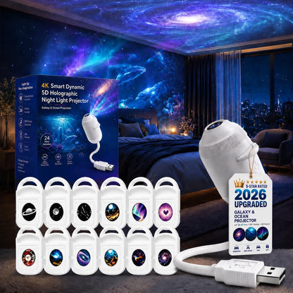 HD Smart Dynamic 5D Holographic Night Light Projector, Plug and Play Galaxy Star Projector, 360° Rotating USB Powered Ocean Wave Ceiling Light for Bedroom, Kids Room, Party Decor (24 Projection Films)