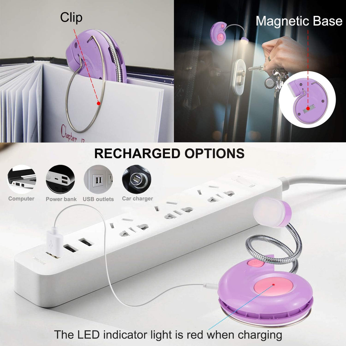 Kids Rechargeable Book Light, Clip on Reading Light for Kid, Kids Reading Lights, Amber Book Light for Reading in Bed, 2 Lighting Modes, Blue Light Blocking, Bookmark Light for Bookworms-Pink