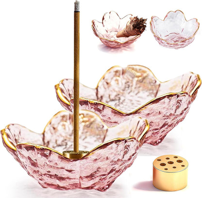 Incense Holder for Sticks and Backflow Incense, Handmade Glass Cherry Blossom Incenses Stick Holder with 9 Incenses Holes Incenses Burner Ash Catcher Ideal for Incense Burning, Home & SPA Decor