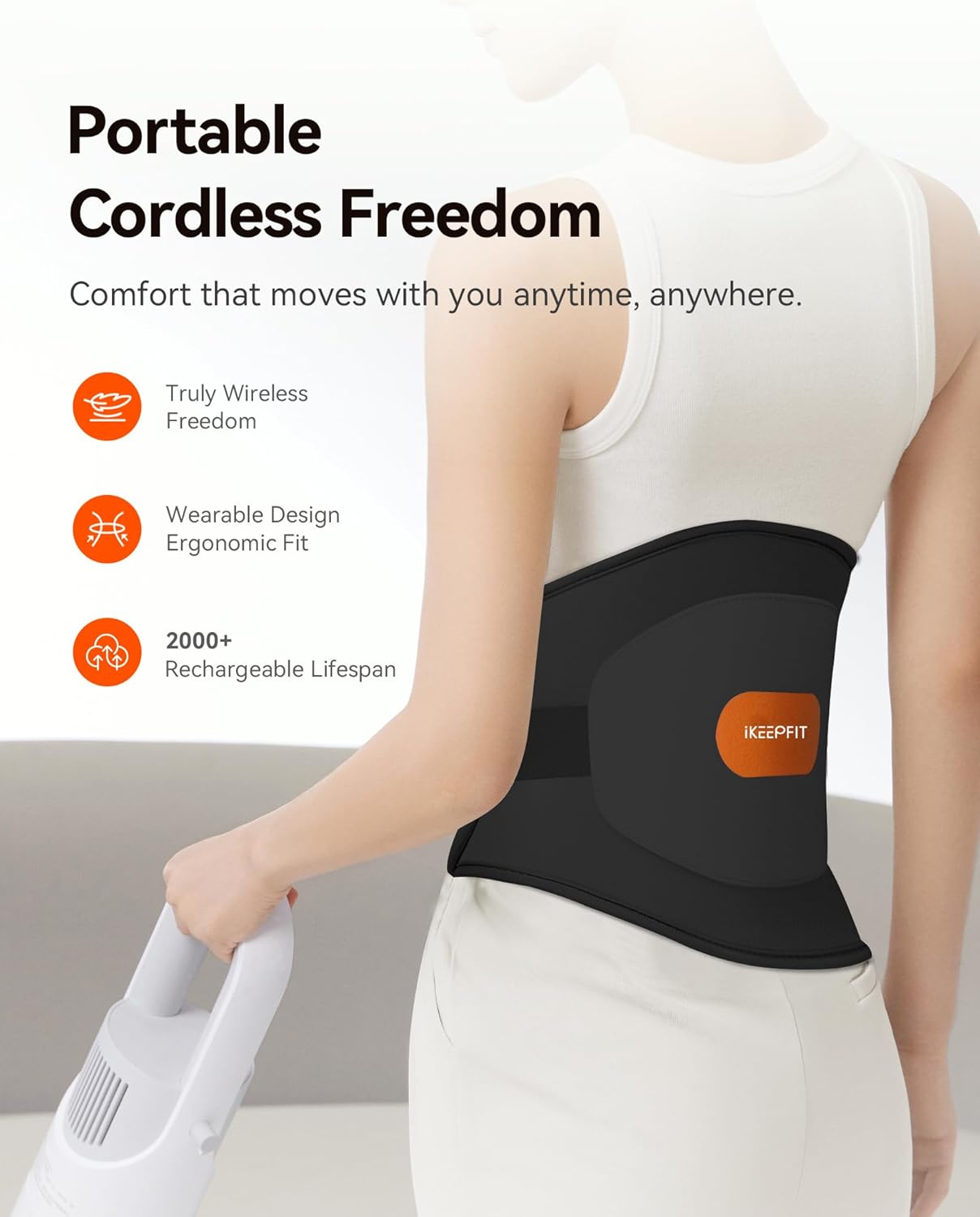 IKEEPFIT Portable Heating Pad for Back, FSA Eligible HSA, Cordless Heat Belt with Massager for Lower Back Pain Relief, Battery Powered 8000 mAh Rechargeable, MAXwarm 3.0, Gift for Women Men 90-310 lb