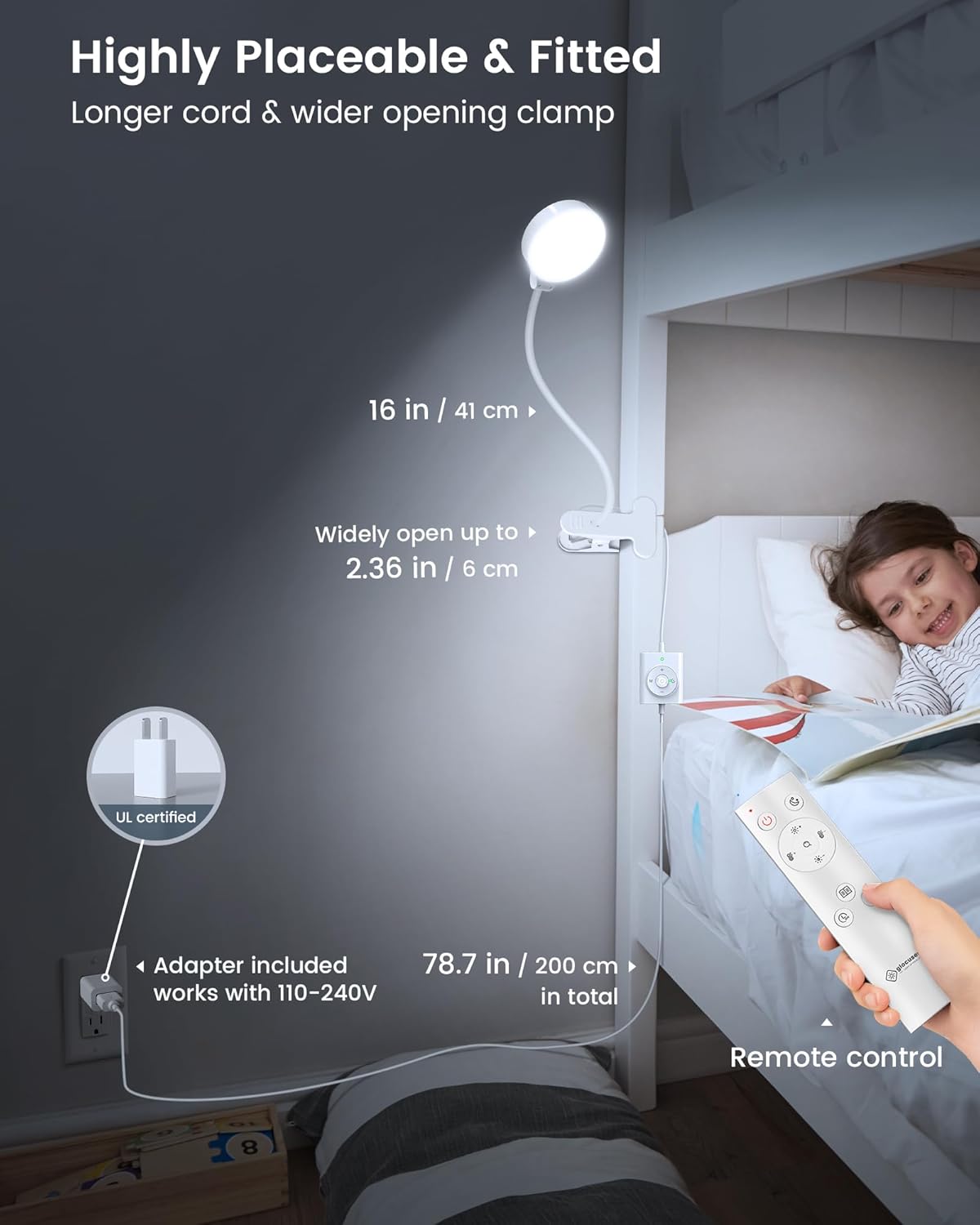 Glocusent 5W Clip on Light, 36 LED Eye Caring Reading Light for Bed, 3 Colors & 5 Brightness Clip on Lamp with Adapter, Perfect Desk Lamp with Clamp/Bunk Bed/Headboard/Table