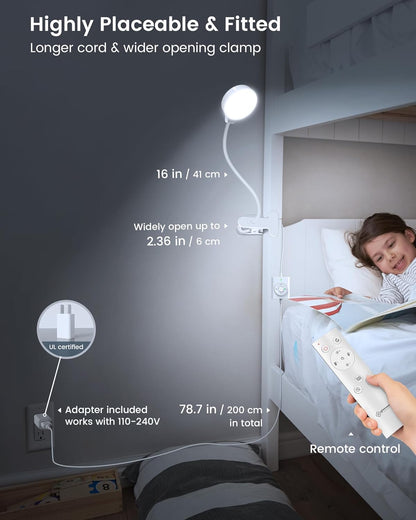 Glocusent 5W Clip on Light, 36 LED Eye Caring Reading Light for Bed, 3 Colors & 5 Brightness Clip on Lamp with Adapter, Perfect Desk Lamp with Clamp/Bunk Bed/Headboard/Table