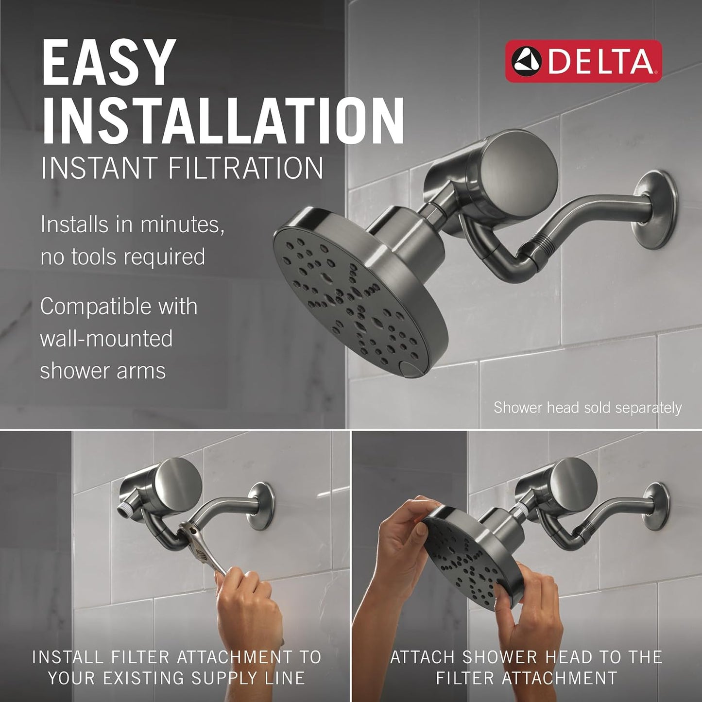 Delta Faucet Clarifi Premium Shower Filter Attachment with Filter, Hard Water Shower Filter, Shower Head Filter, Stainless 5SF100-SS