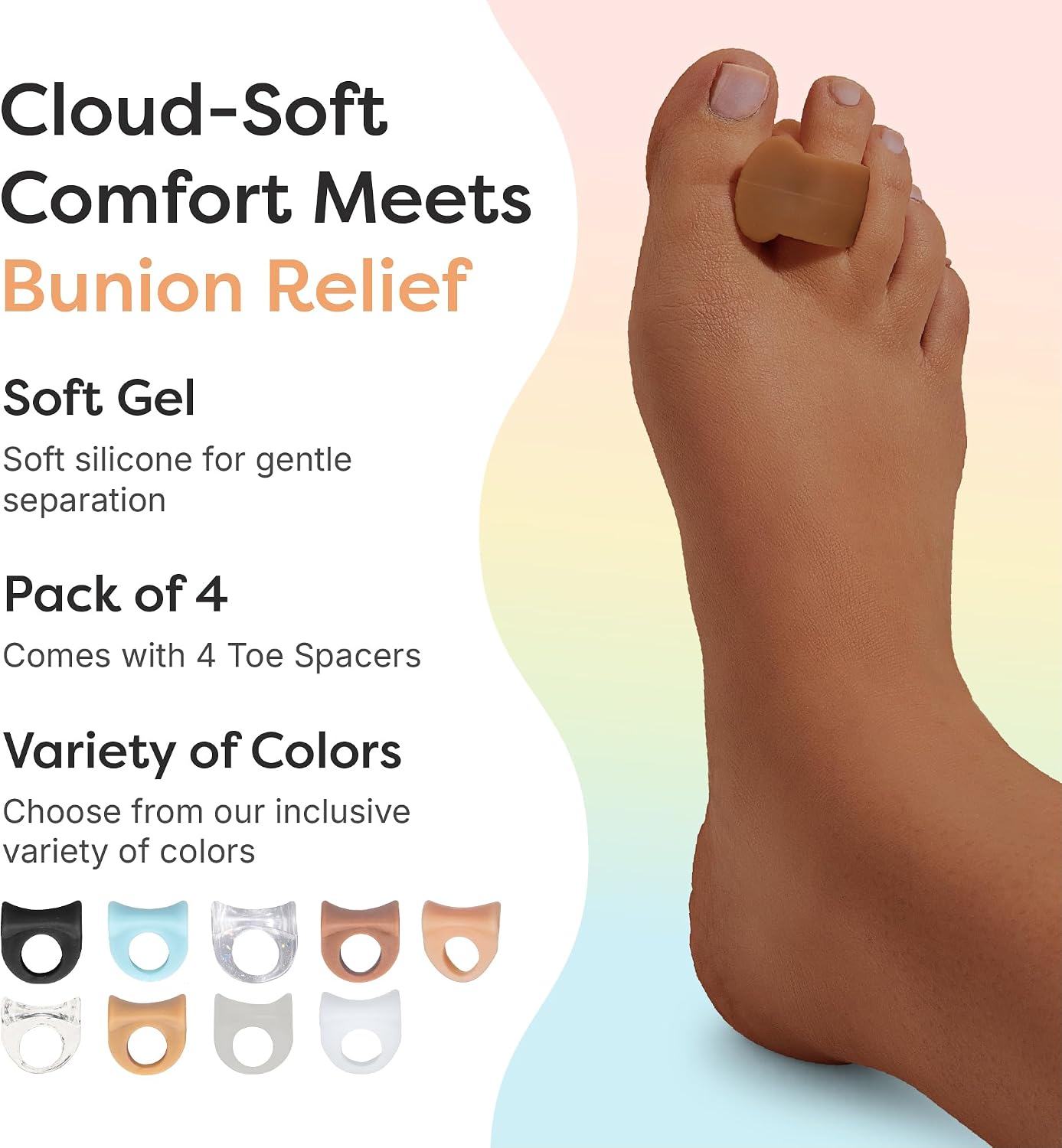 ZenToes Gel Toe Separators for Overlapping Toes, Bunions, Big Toe Alignment, Corrector and Spacer - 4 Pack (White)