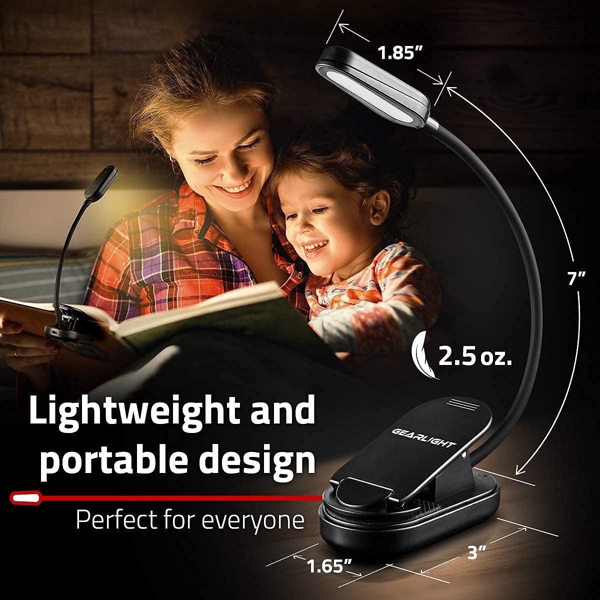 GearLight Rechargeable Book Light for Reading in Bed – Hands-Free LED Clip-on Lamp with 3 Light Modes, Adjustable Brightness, Flexible Neck Reading Light for Books, Laptops, and More – 2 Pack
