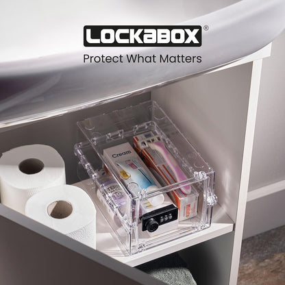 Lockabox Mini™ | Small Lock Box with Combination Lock (Half Letter Sized) | Mini Lockable Box for Small Medicines, Snacks & Mobile Phones | External Size 8.8 x 6.1 x 4.7 Inches (Crystal)