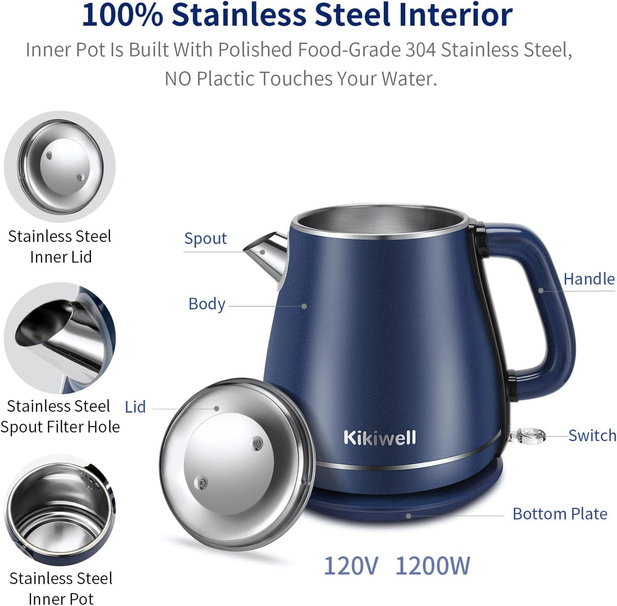 1.8L Blue Electric Kettles Stainless Steel, Double Wall