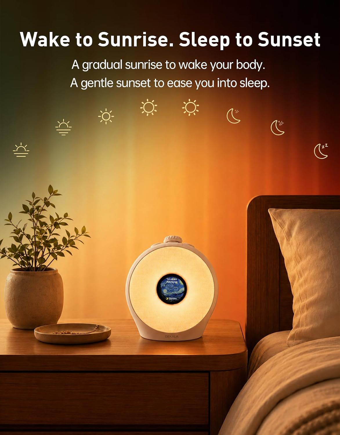 Dekala Sunrise Alarm Clock for Heavy Sleepers with Pulse Wake, Sunset Sound Machine with Breathing Ambient Light, Loud Alarm for Bedrooms, Wake Up Light, Digital Color Display & 7 Themes, No App