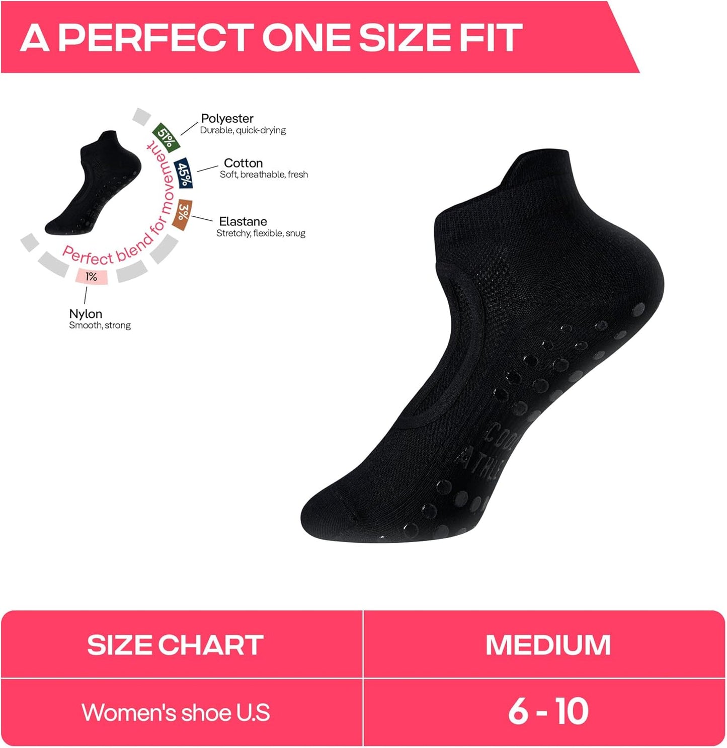 COOLMATE Pilates Socks with Grips for Women, Yoga Socks, Crew Non Slip Women for Barre, Pilates Gifts for Women - Colors A