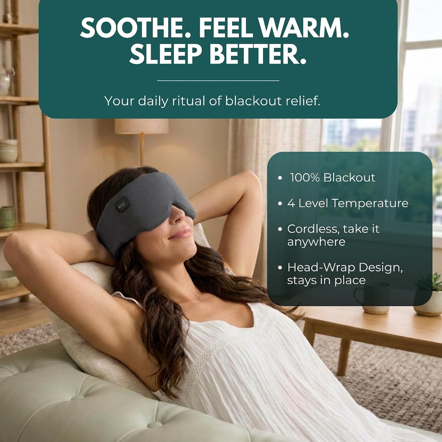 Heated Eye Mask – Cordless Electric Warm Eye Compress for Dry Eyes, Stye & Eye Strain Relief – 4 Heat Settings, Rechargeable, Light-Blocking, Blackout, Washable Cover (Sunset Rose)