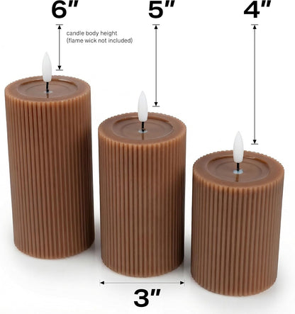 Ribbed Fluted Real Wax Flameless LED Pillar Candles, Loden Sage Olive Green, Melted-Wax Top Look, Flickering Flame, Battery Operated, Remote & Timer, Shelf & Wedding Decor (Set of 3)