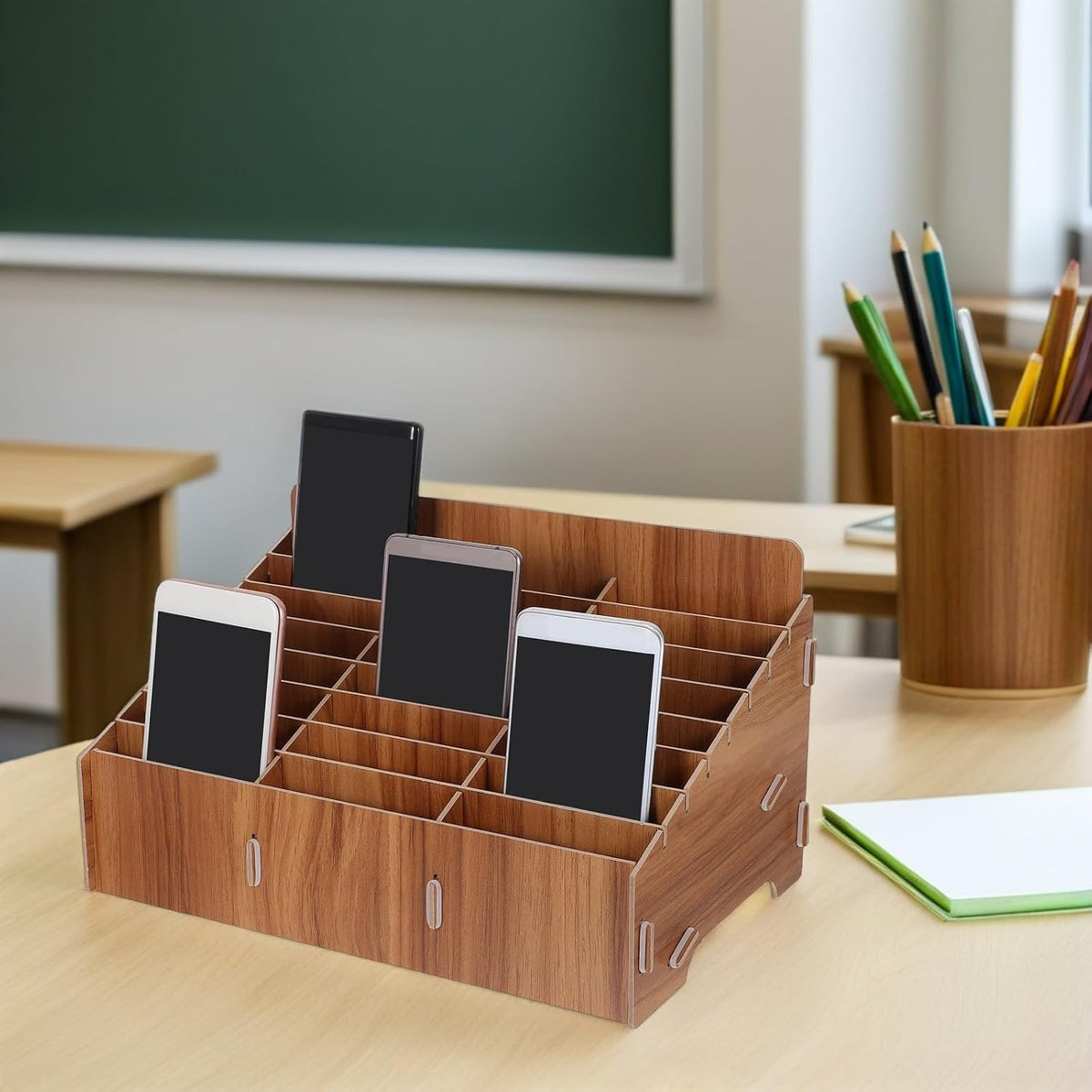 24 Slot Wooden Cell Phone Organizer Box for Classroom Meetings