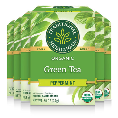 Traditional Medicinals Organic Green Tea, Peppermint - Promotes Healthy Digestion, Occasional Nausea & Indigestion Relief - Kosher, Non-GMO - 96 Teabags (Pack of 6)