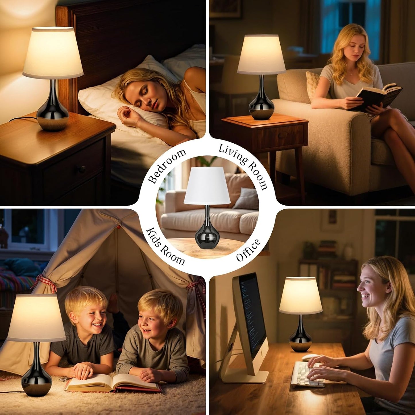 Seealle 16.1" Touch Table Lamps for Nightstand, 3-Way Dimmable Small Bedroom Lamps for Night Stands, Black Bedside Lamps for Living Room, Kids Room, End Table