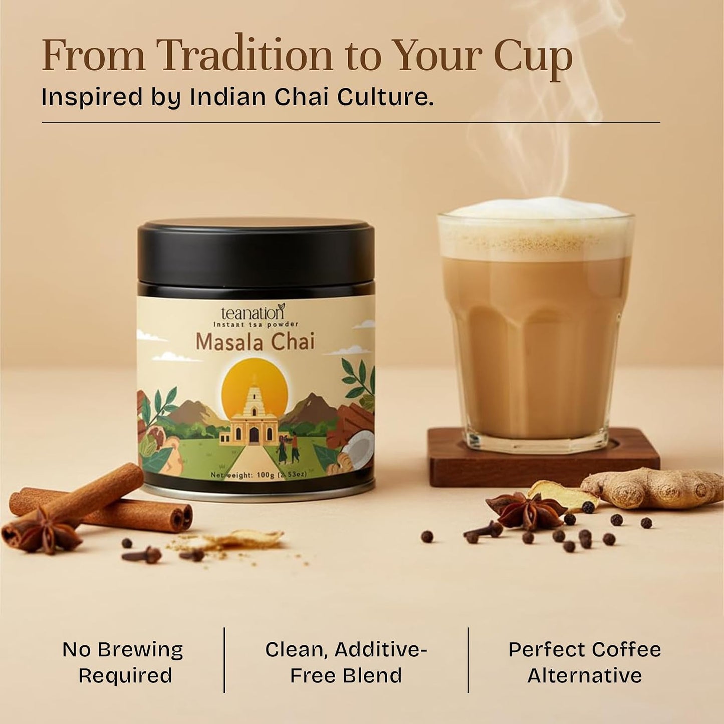 Tea Nation Masala Chai Instant Powder, 100g Chai Latte Mix – Spiced Black Tea Blend, Vegan, Gluten-Free, No Additives | Easy Chai Latte Coffee Alternative