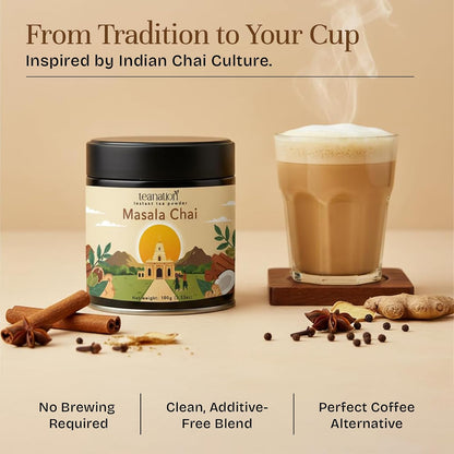 Tea Nation Masala Chai Instant Powder, 100g Chai Latte Mix – Spiced Black Tea Blend, Vegan, Gluten-Free, No Additives | Easy Chai Latte Coffee Alternative