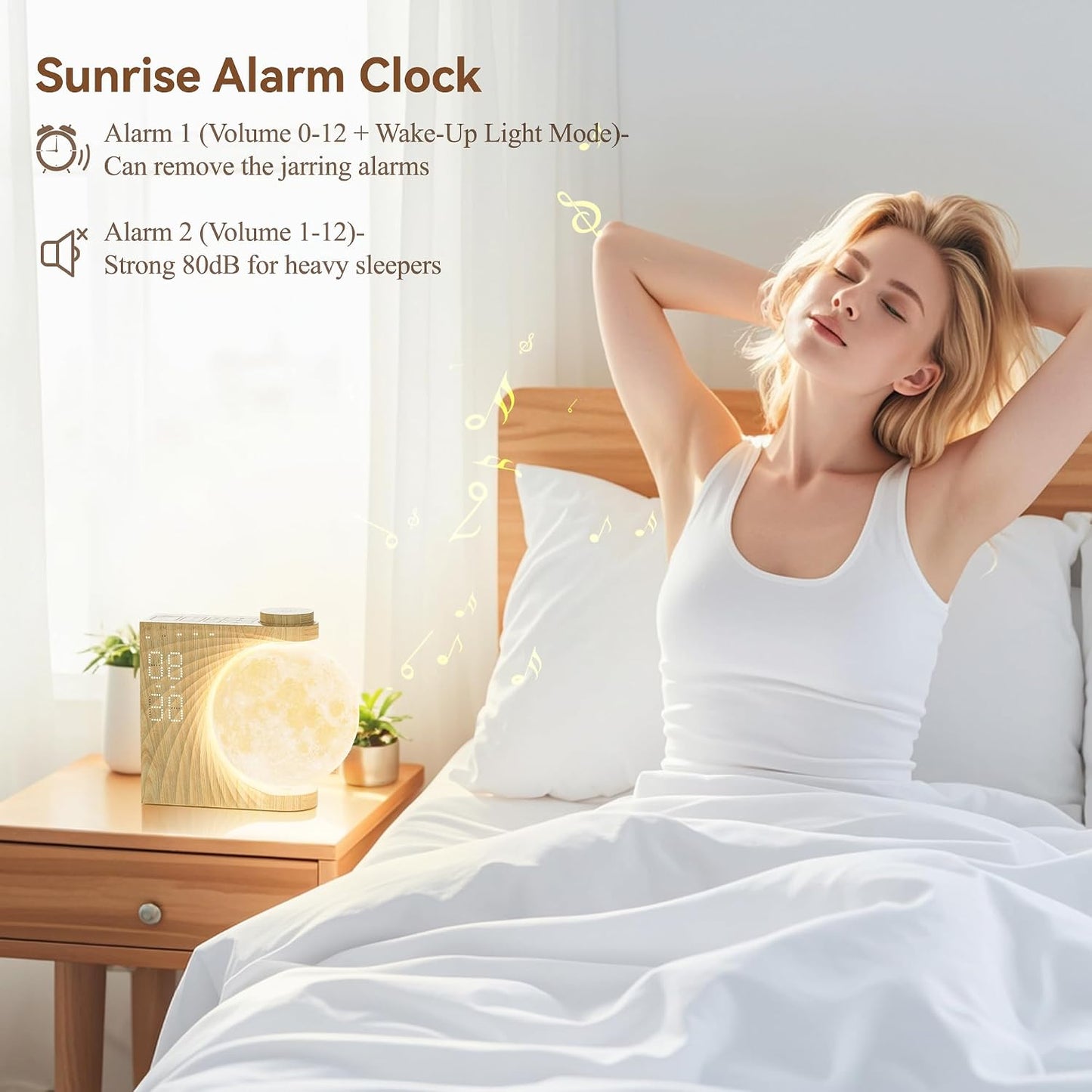 Sunrise Alarm Clocks for Heavy Sleepers,Night Lamp Clocks for Bedrooms with Moon Light,10 Light Effects,30/60/90 Timer,10 Sleep Nature Sounds,15 Ringtones,12 Volume Control with Snooze Function
