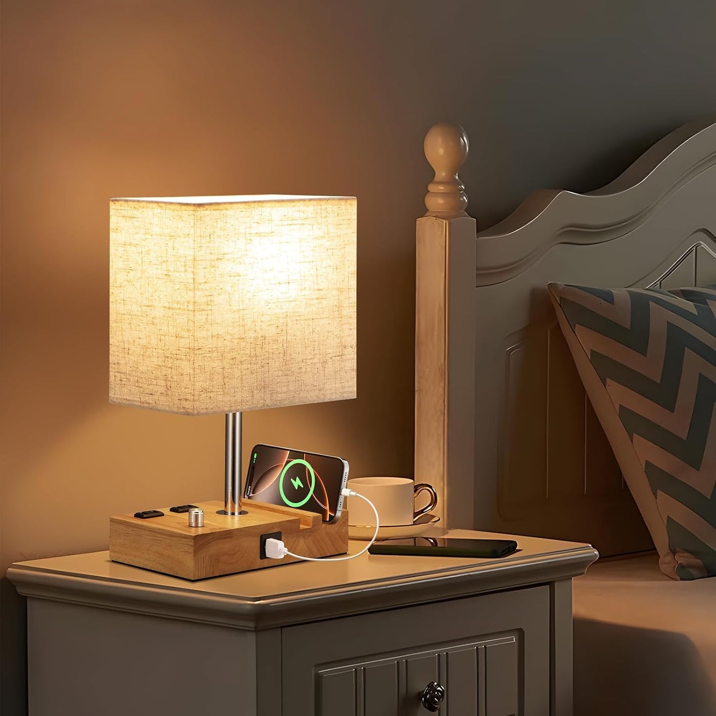 Kakanuo Fully Dimmable Nightstand Lamp for Bedroom with USB C Ports, Grey Small Bedside Table Lamp with Charging Outlets and Phone Stands, Wooden Desk Lamp for Living Room, LED Bulb Included