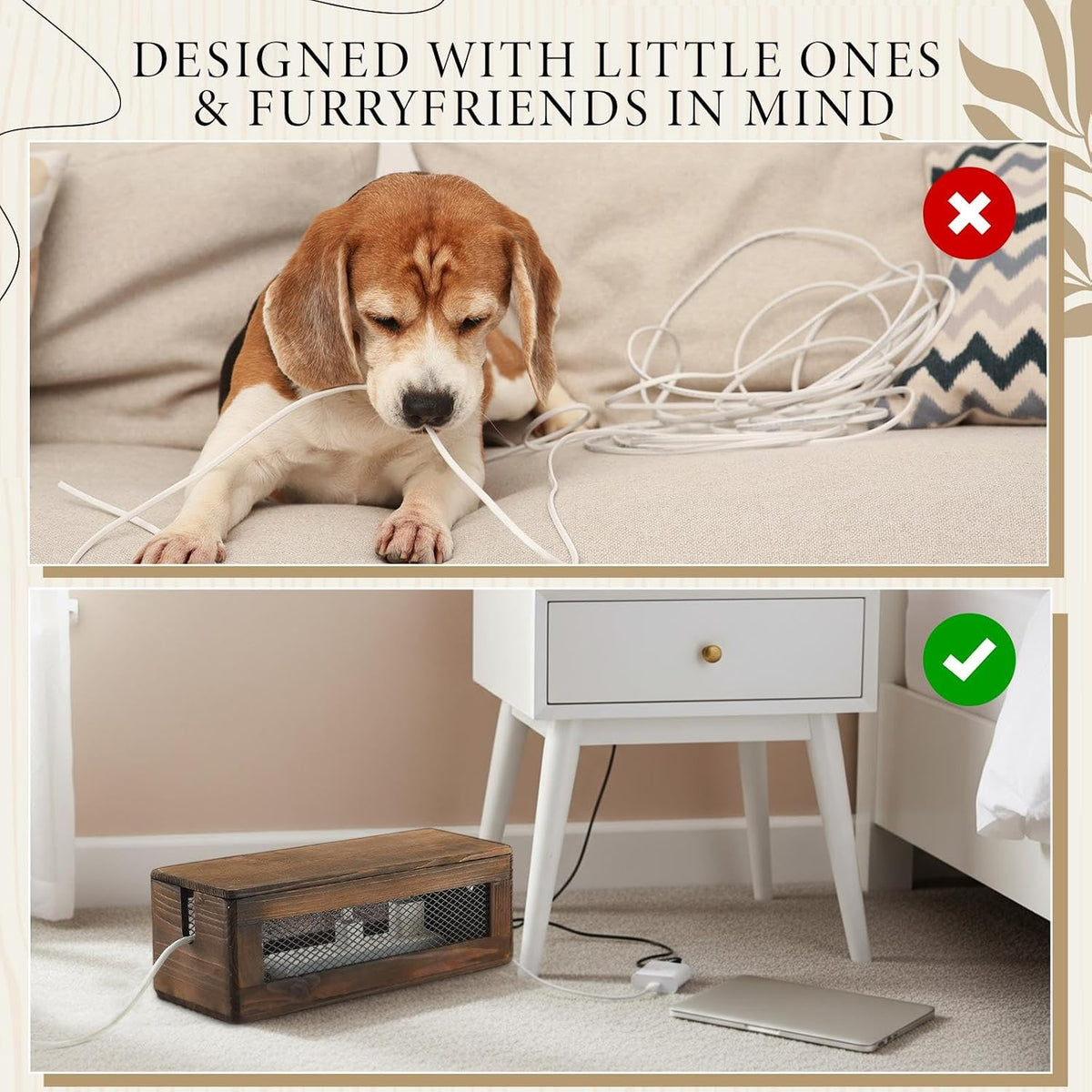 Chunful 13 Inch Cable Management Box, Wood Cord Hider Organizer with Magnetic Lid & Organizer for Power Strip, TV Wires & Desk Cable Storage, Ventilation Hide Floor Cables