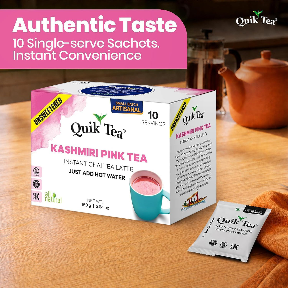 QuikTea Instant Chai Tea Latte Mix, Masala, Unsweetened, 20 Sachets