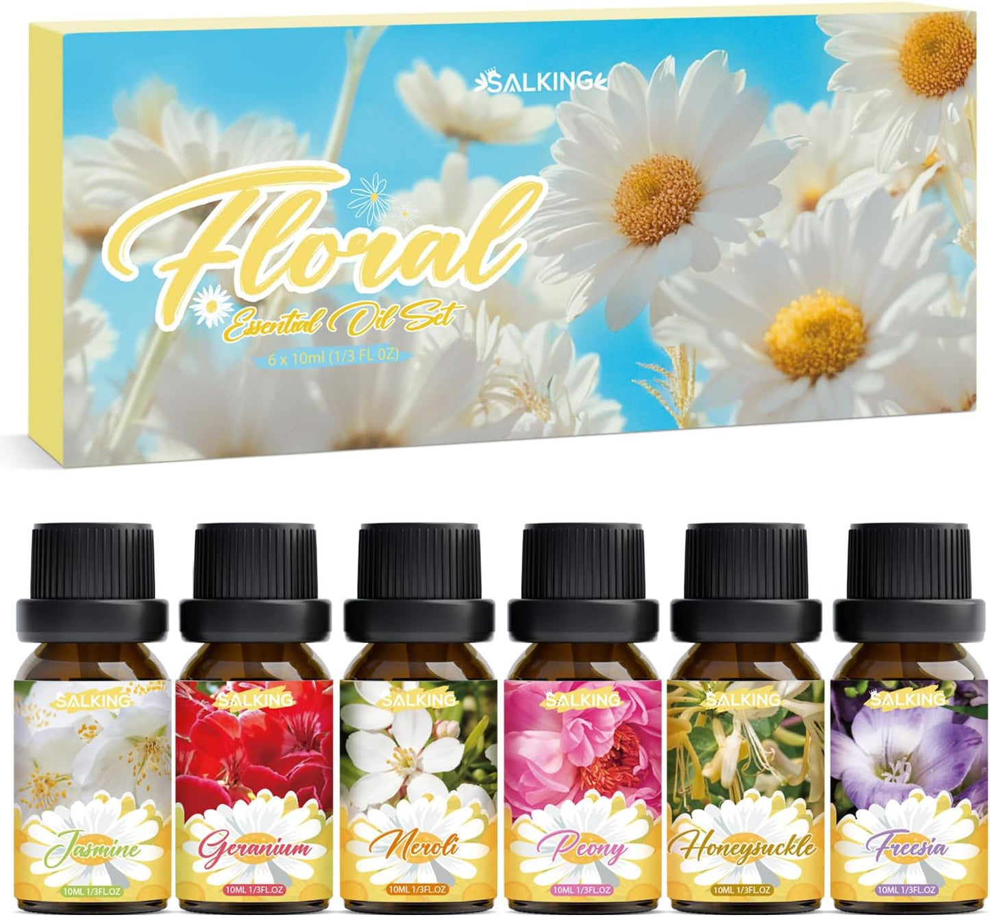 SALKING Floral Essential Oils Set, Premium Pure and Natural Essential Oils, Fragrance Oil Scented Oils for Oil Diffusers 6 x 10 ML - Lavender, Rose, Jasmine, Cherry Blossom, Gardenia, Chamomile