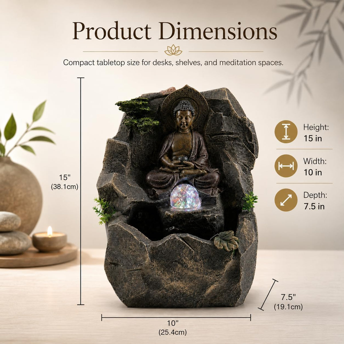Indoor Tabletop Water Fountain with LED Light, Resin Rock-Look Waterfall Decor, Feng Shui Inspired Zen Fountain for Desk, Office, Bedroom, Living Room & Meditation Space (9" Cascading Rock)