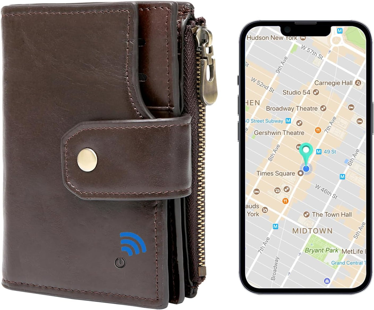 Anti-Lost Bluetooth Wallet Tracker Finder, Slim Trifold Cowhide Mens Wallet with ID Window Credit Card Holder Pocket (Coffee2-OLD)