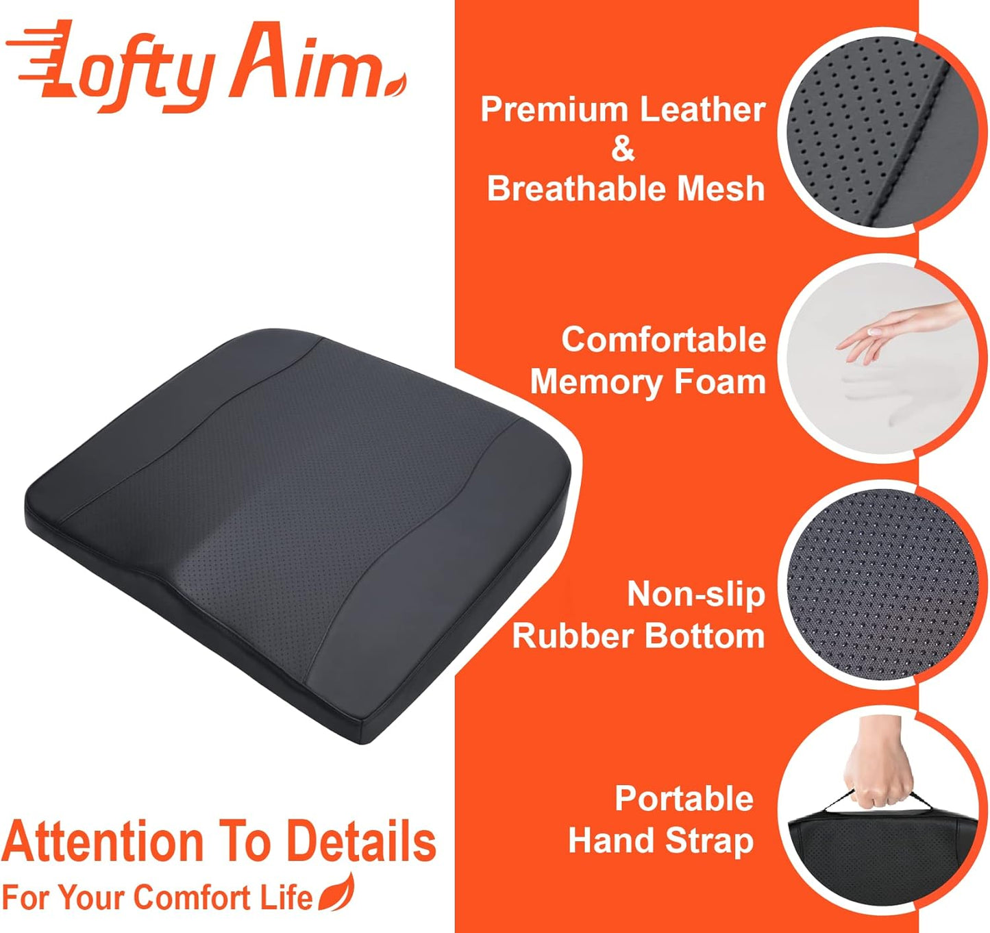 Lofty Aim Car Seat Cushion, Comfort Memory Foam Car Cushions for Driving - Sciatica & Lower Back Pain Relief, Driver Seat Pillow for Auto, Office Chair, Wheelchair - Black