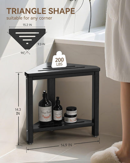 Shower Foot Rest 15in, HDPE Waterproof Shower Stool for Inside Shower, Corner Shower Stool for Shaving Legs with Storage Shelf for Small Space, Shower Step Stool, Plastic Corner Shower Bench, White