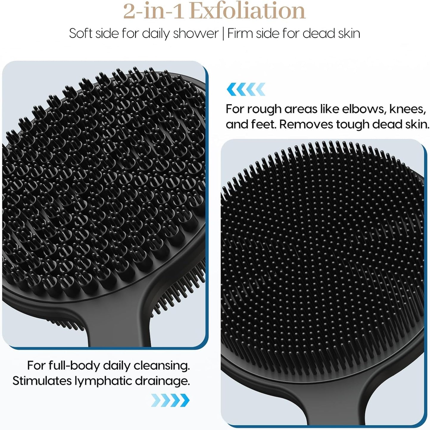 Back Scrubber for Shower & Face Scrubber, 2Pcs Silicone Exfoliating Brush Set with 17In Long Handle, Soft Body & Facial Cleansing Scrubber for Men Women