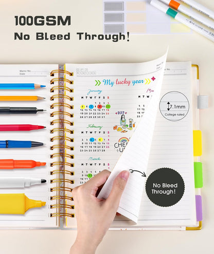 Hardcover Spiral Notebook journal with Removable Dividers Tabs, 300 Pages Leather 5 Subject Notebook College Ruled, 8"x10" Large B5 Notebooks for Work School Note taking, Lined Journal for Women,Black