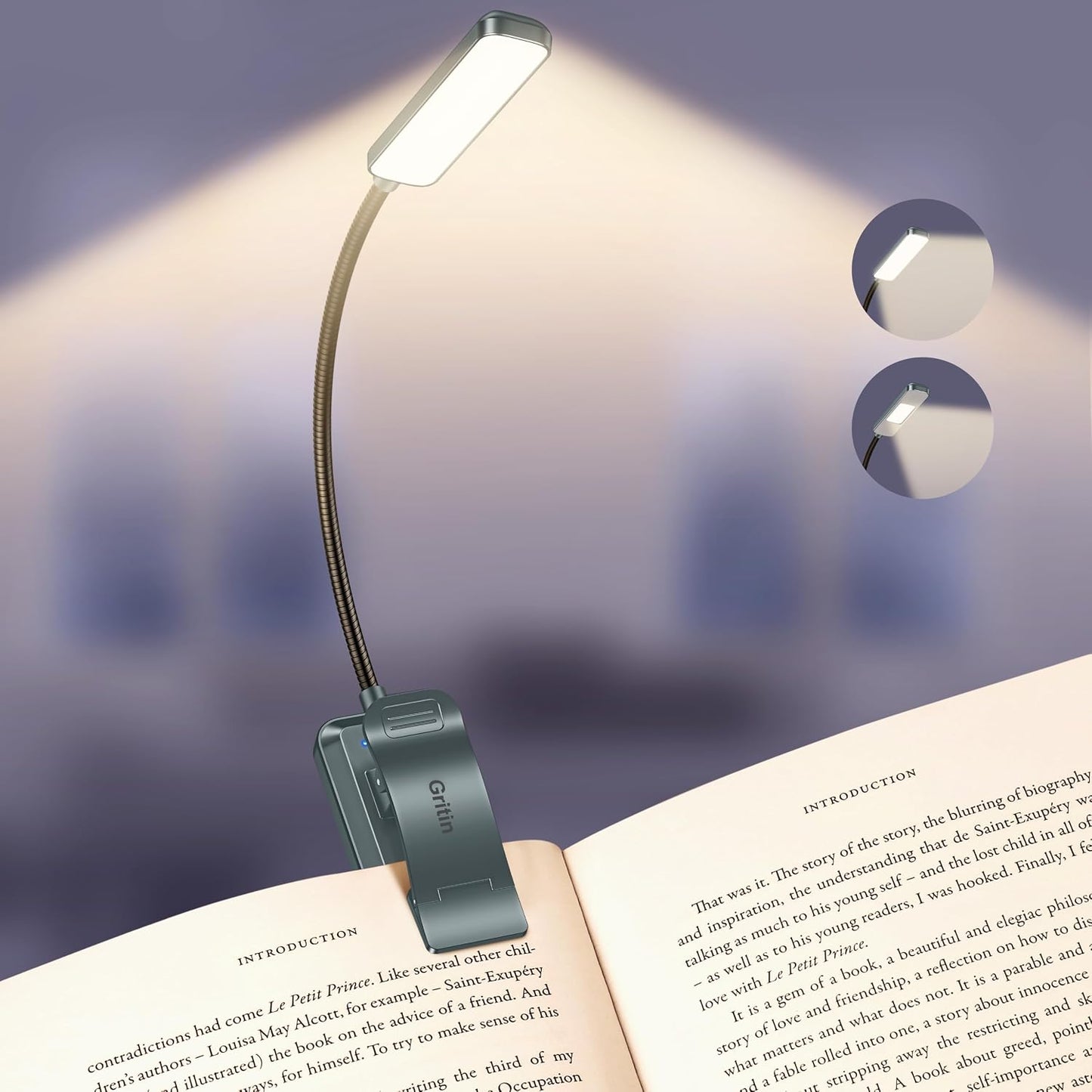 Gritin 2026 Gen 2 Book Light for Reading- 30 Eye Caring Full Spectrum LED, 5 Colors & 5 Brightness, Adjustable Wide/Narrow Beam, Upgrade 1500mAh Long-Lasting Rechargeable Clip on Light for Book Lovers