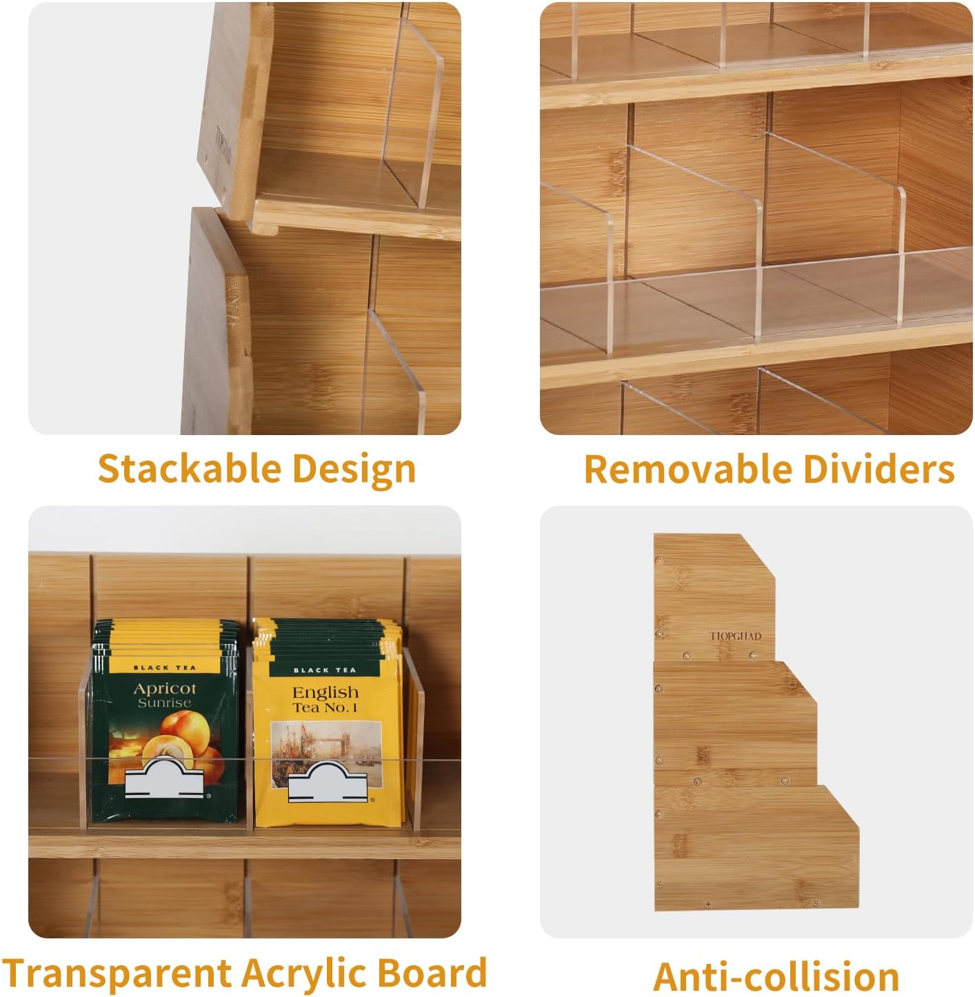 TIOPGHAD 2-Layer Stackable Bamboo Tea Bag Organizer Storage Holder & Rack - Wooden Tea Box Containers - Stand for Countertop or Cabinet