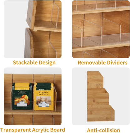 TIOPGHAD 2-Layer Stackable Bamboo Tea Bag Organizer Storage Holder & Rack - Wooden Tea Box Containers - Stand for Countertop or Cabinet