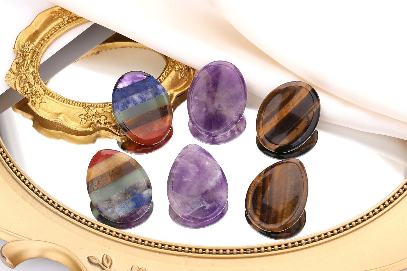 2PCS Worry Stone for Anxiety Tigers Eye Amethyst Healing Crystals Hand Thumb Stones Pocket Gemstones Meditation Accessories Oval Crystal Natural Relax Palm Stone Anxiety Relief Items Stocking Stuffers