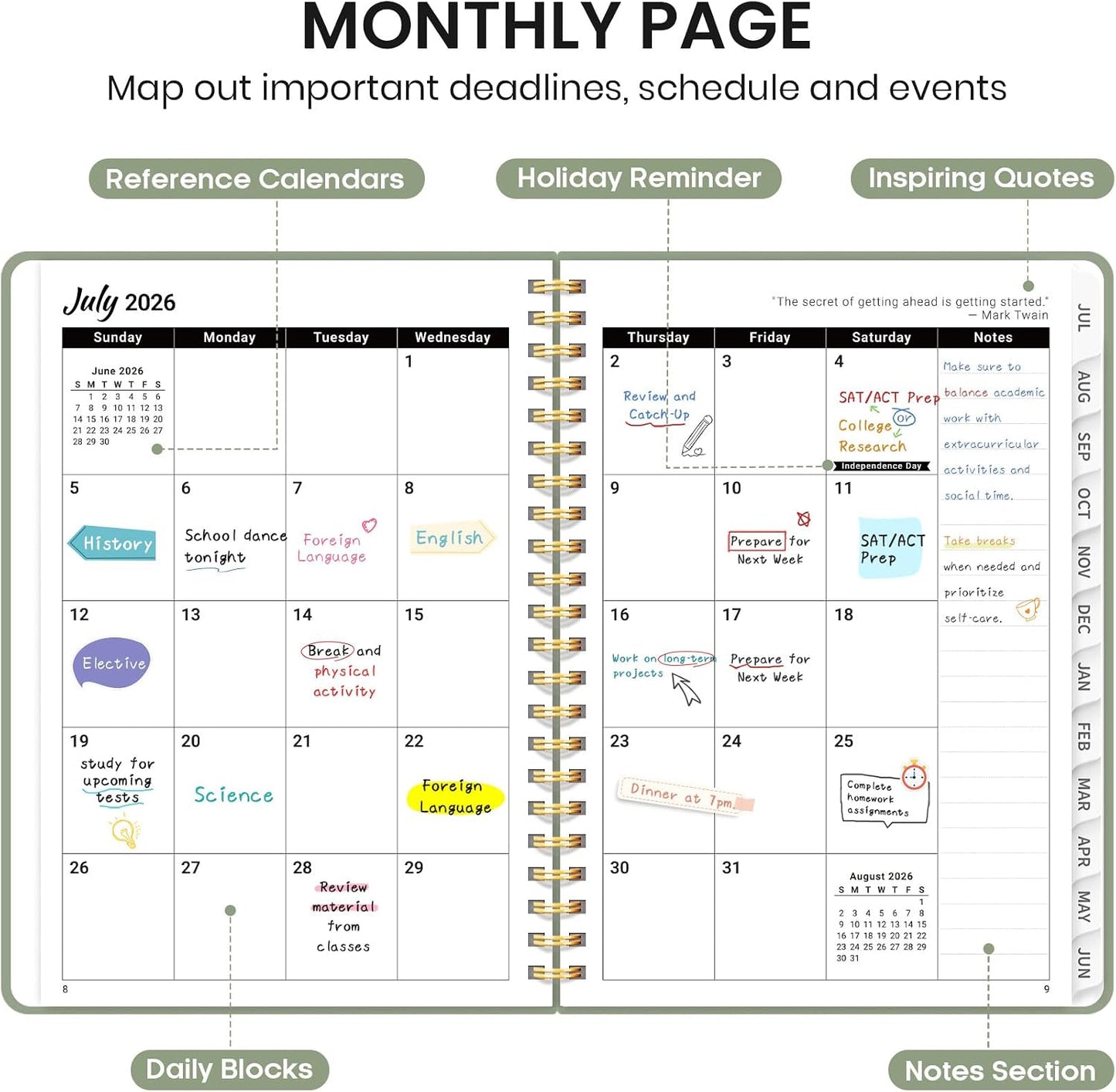 Planner 2026-2027 for Women & Men, Academic Monthly and Weekly Calendar Planner, Jul 2026 - Jun 2027, A5 (6.3" x 8.5"), Teacher Student Planning Book with Tabs, Ideal for Office School Supplies - Pink