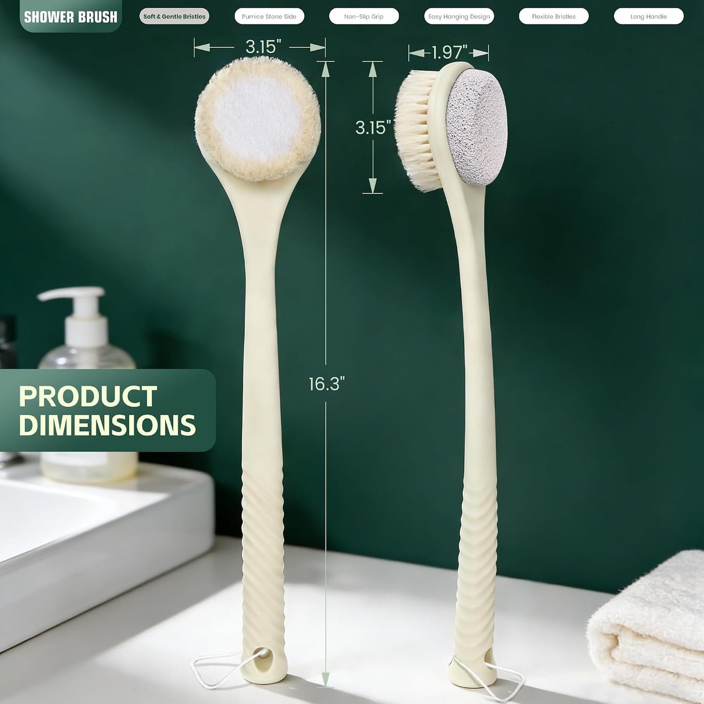 Back Scrubber for Shower, 15.7" Loofah with Handle, Back Shower Brush with Bristles and Loofah, Dry Brushing Body Brush for Cleanse Back and Hard to Reach Areas with Curved Long Handle