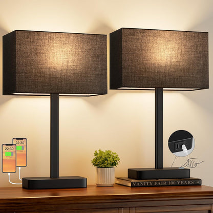 Hong-in Touch Lamps for Bedroom - 3-Way Dimmable Bedside Lamps Set of 2 with USB C+A, Grey Modern Table Lamp for Night Stands, Desk Lamp for Living Room Nightstand End Tables Bed Side