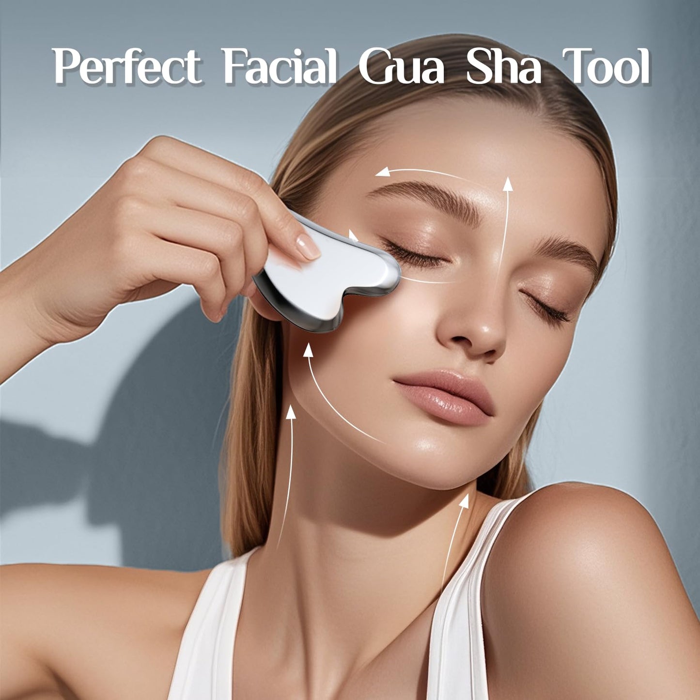 Rena Chris Gua Sha Facial Tools, Stainless Steel Guasha Tool for Acupuncture, Manual Massage Tool for Jawline Sculpting and Puffiness Reducing, Gua Sha Facial Massage Tool, Skin-Care Gift (Silver)