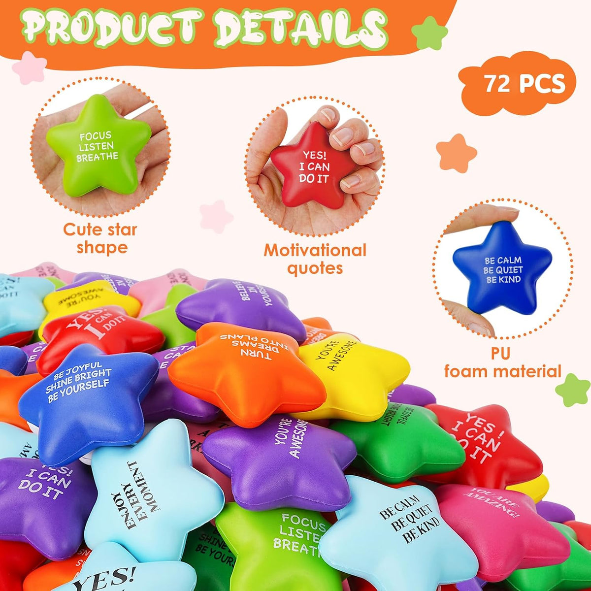 SHQDD 12PCS Bulk Star Stress Balls for Adults & Kids - Motivational Quotes Soft Foam Stress Relief Squeeze Toys, Fidget Anxiety & Anger Relief at Work/School/Home, Perfect Party Favors (Multi-Color)