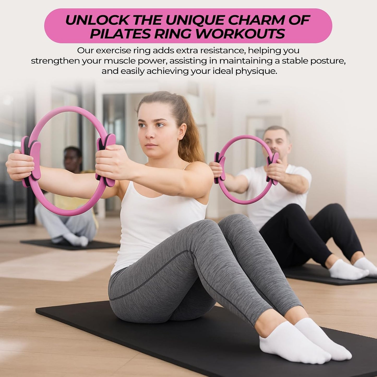 Seenelling 18 Pcs Pilates Ring and Ball Set with Resistance Bands Home Workout Pilates Equipment 11.8 Inch Magic Circle with Padded Handles, Mini Ball for Strength, Toning and Flexibility(Pink)